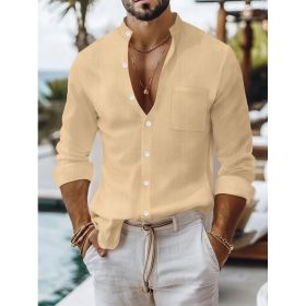 Solid-color Cotton-linen Shirt, Mandarin-collar Cardigan, Long-sleeve Business-casual Shirt (Option: Khaki-S)