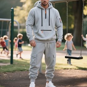 Men's Loose Sports And Leisure Suit Sweater Fleece-lined Hoodie Set Zipper Multi-Pocket Pullover Men's Sports Casual Top Two-piece Set (Option: Light Gray-M)