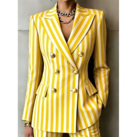 Retro Geometric Double-breasted Suit Jacket For Women, Long-sleeved, Slim Fit, Suitable For Commuting. (Option: Yellow-2XL)