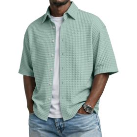 Men's Solid-Colored Waffle-Weave T-Shirt With Lapel Collar (Option: Light Green-S)