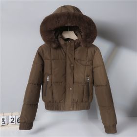 Thickened Fleece Jacket, Fashionable And Petite Hooded Short Long-sleeved Cotton Jacket (Option: Brown-3XL)