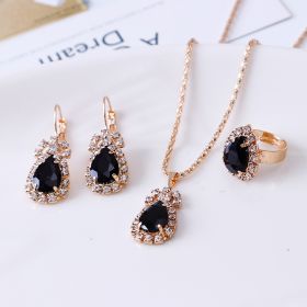 Water drop rhinestone necklace earrings ring set (Option: Black)