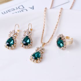 Water drop rhinestone necklace earrings ring set (Option: Green)