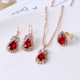 Water drop rhinestone necklace earrings ring set (Option: Red)