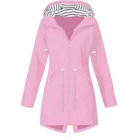 Womens Waterproof Raincoat Casual Basic Outdoors Drawstring Trench Lightweight Drawstring Jackets Hiking Clothes For Women (Option: Pink1-XL)
