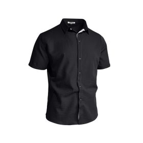 Mens Solid-color Short-sleeve Lapel Shirt (Option: Black-S)