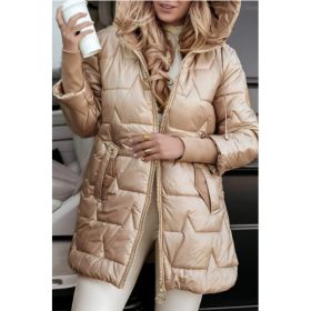 Solid Color Hooded Mid-length Cotton Coat With Three Zippers (Option: Champagne-XL)