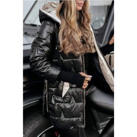 Solid Color Hooded Mid-length Cotton Coat With Three Zippers (Option: Black-3XL)