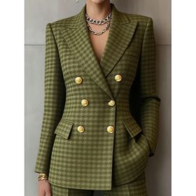 Retro Geometric Double-breasted Suit Jacket For Women, Long-sleeved, Slim Fit, Suitable For Commuting. (Option: Olive green-5XL)