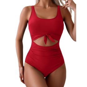 One-piece Female Stitching Contrast Color Strap Covered Belly Swimsuit (Option: Red-L)