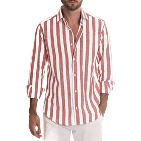 Striped Print Shirt Casual Loose Long-sleeved Shirt Men's Clothing (Option: Red-4XL)