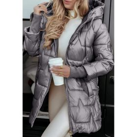 Solid Color Hooded Mid-length Cotton Coat With Three Zippers (Option: Gray-3XL)