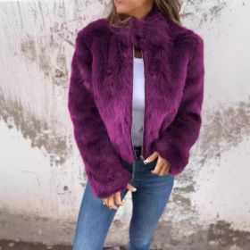 Fashion Stand Collar Plush Jacket Winter Casual Turtleneck Zipper Coat Fleece Tops Women's Clothing (Option: Purple-4XL)