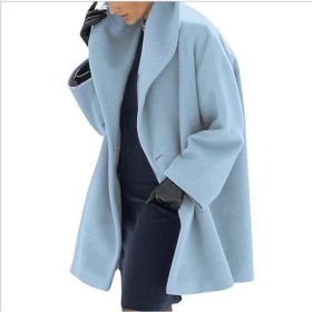Women's Trendy Clothes Multi-color Round Neck Loose Sweater Woolen Coat Solid Casual Coat For Autumn And Winter (Option: Sky blue-S)