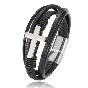 Multi-layer Braided Stainless Steel Cross Men's Bracelet (Option: Steel color-21.5cm)