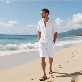 Linen Leisure Breathable Short Sleeve Shirt Beach Suit (Option: White-S)
