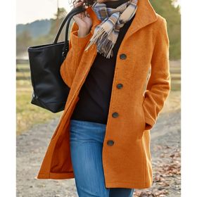 Women's Casual Tweed Coat - Solid Color Mid-Length H-Silhouette Button Front Long Sleeve (Option: Orange-3XL)