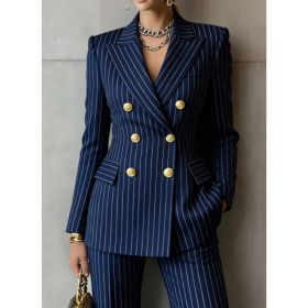 Retro Geometric Double-breasted Suit Jacket For Women, Long-sleeved, Slim Fit, Suitable For Commuting. (Option: Dark Blue-S)