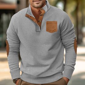 Patch Pocket Jacket Stand Collar Long Sleeve Corduroy Multicolor Hoodie (Option: Light Gray-S)