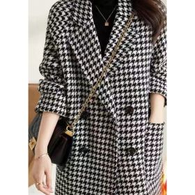 Suit Collar Houndstooth Woolen Coat Woman (Option: Black-2XL)