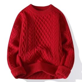 Autumn And Winter New Men's Twist Sweater Casual Round Neck Pullover Top (Option: Red round neck-3XL)
