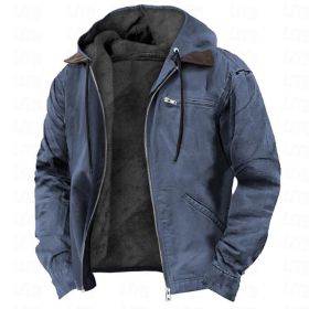 Winter Hooded Coat With Pockets Fashion Warm Fleece Zip-up Jacket Casual Outwear Men's Clothing (Option: Navy Blue-S)