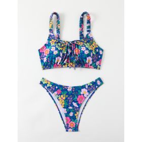 Women's Floral Print Bralette Bikini Set, Ruched Shoulder Straps & Front Tie Top, High Cut Cheeky Bottom 2 Piece Swimsuit (Option: M)