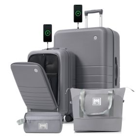 4-Piece Luggage Set with USB Charging Ports - 20in Carry-On (Front-Opening for Laptop) 28in Checked Suitcase with TSA Lock Travel Duffel Bag Wet-Dry T (Option: Grey)