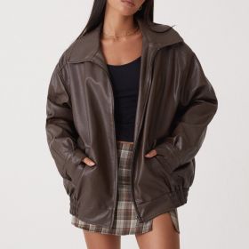 Leather Coat Women's Locomotive Style Top (Option: Brown-XS)
