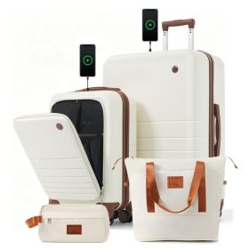 4-Piece Luggage Set with USB Charging Ports - 20in Carry-On (Front-Opening for Laptop) 28in Checked Suitcase with TSA Lock Travel Duffel Bag Wet-Dry T (Option: Ivory)