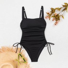 Ribbed Square Neck One Piece Swimsuit For Women, Adjustable Side Tie High Cut Bathing Suit Slimming Black Swimwear (Option: L)