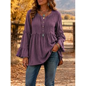 Lace-trimmed Loose-fit Shirt With Tassel Patchwork Top (Option: Purple-S)
