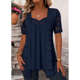 Womens Fashionable Floral-pattern Lace Mesh Hollow-out Trim Faux Two-piece Top (Option: Navy Blue-S)