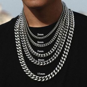 Stainless Steel Gold Silver Chain Cuban Curb Womens Mens Necklace (Option: Silver-24inch 11mm)
