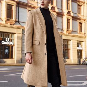 Men's Long Trench Coat Woolen Coat (Option: Khaki-S)