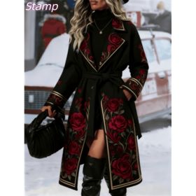 Women's Fashionable And Comfortable Printed Casual Long Coat (Option: Black1-S)