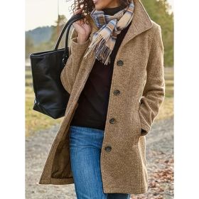 Women's Casual Tweed Coat - Solid Color Mid-Length H-Silhouette Button Front Long Sleeve (Option: Khaki-L)