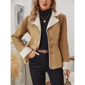 Casual Fashion Cold-proof Warm Fur Integrated Lapel Pocket Jacket (Option: Khaki-S)