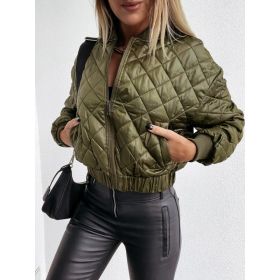 Women's Long-sleeved Solid Color Short Zippered Cotton Jacket (Option: Green-M)