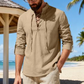 Mens Casual Long-sleeve Linen Henley Shirt (Option: Khaki-S)