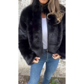 Fashion Stand Collar Plush Jacket Winter Casual Turtleneck Zipper Coat Fleece Tops Women's Clothing (Option: Black-XL)