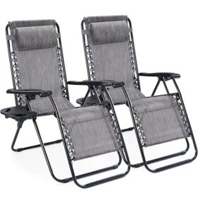 Set Of 2 Zero Cravity Lounge Chairs,Outdoor Patio Folding Recliners For Pool Beach With Pillow And Cup Holder (Option: Grey)