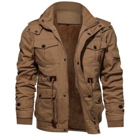 Winter Zip-up Coat Warm Thickened Detachable Hooded Jacket Multi-pocket  Button Drawstring Long Sleeve Tops Men's Cargo Clothing (Option: Khaki-S)