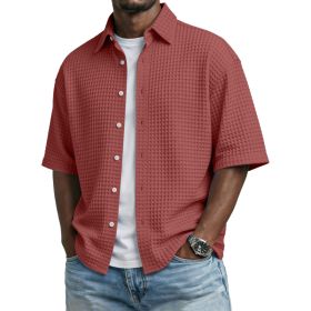 Men's Solid-Colored Waffle-Weave T-Shirt With Lapel Collar (Option: Wine Red-S)