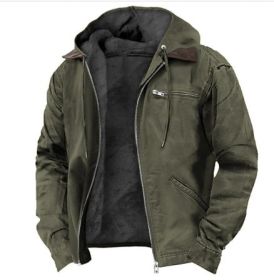 Winter Hooded Coat With Pockets Fashion Warm Fleece Zip-up Jacket Casual Outwear Men's Clothing (Option: Green-S)