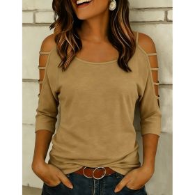 Womens Off-shoulder T-shirt With Five-quarter Sleeves (Option: Khaki-S)