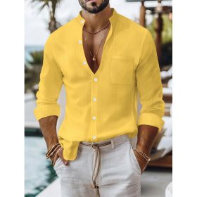 Solid-color Cotton-linen Shirt, Mandarin-collar Cardigan, Long-sleeve Business-casual Shirt (Option: Yellow-S)