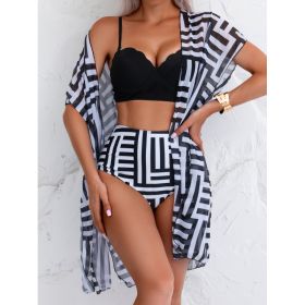 Women's Maple Leaf Printed High Waist Mesh Bikini Suit (Option: Black Stripes-M)