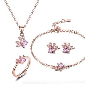New Cat Bear Dog Paw Ring for Women Jewelry Sets (Option: Rose Gold set)