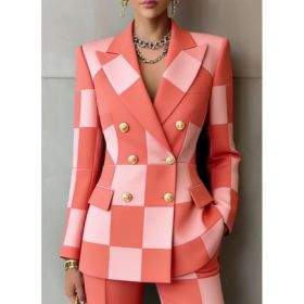 Retro Geometric Double-breasted Suit Jacket For Women, Long-sleeved, Slim Fit, Suitable For Commuting. (Option: Pink-5XL)
